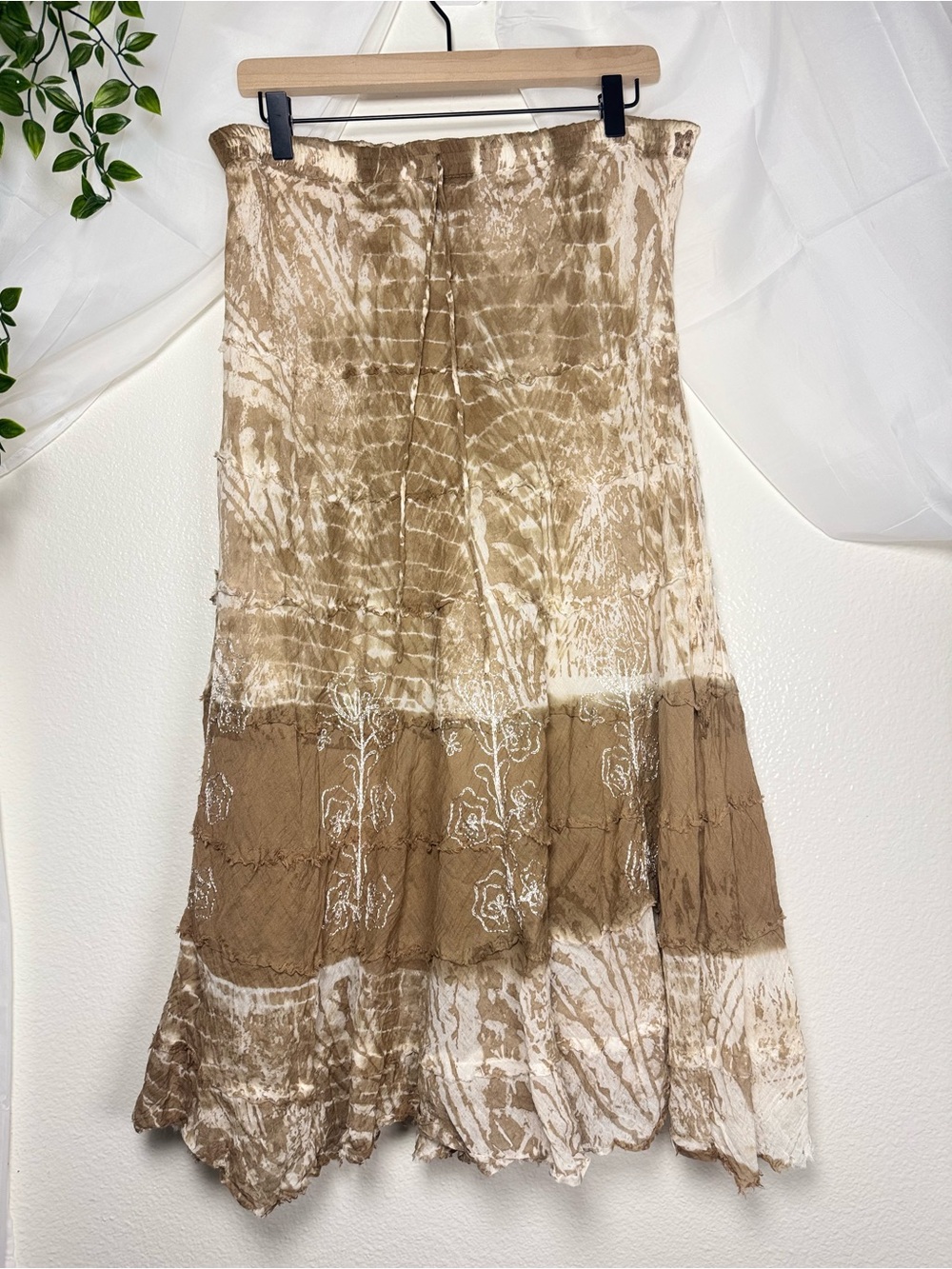 Boho Beige Brown Fairy Embroidered Tiered Maxi Skirt Asymmetrical Cottagecore